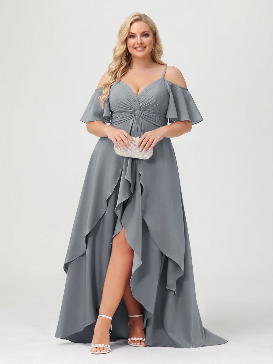 A-Line/Princess Spaghetti Straps Half Sleeves V-Neck Plus Size Bridesmaid Dresses With Ruffles