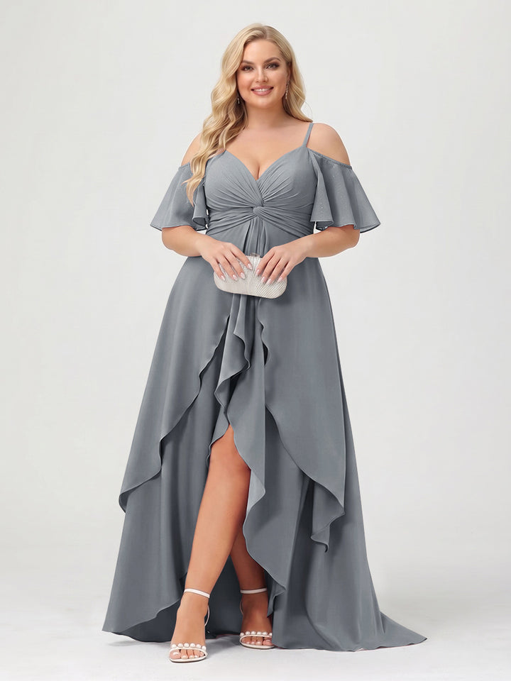 A-Line/Princess Spaghetti Straps Half Sleeves V-Neck Plus Size Bridesmaid Dresses With Ruffles