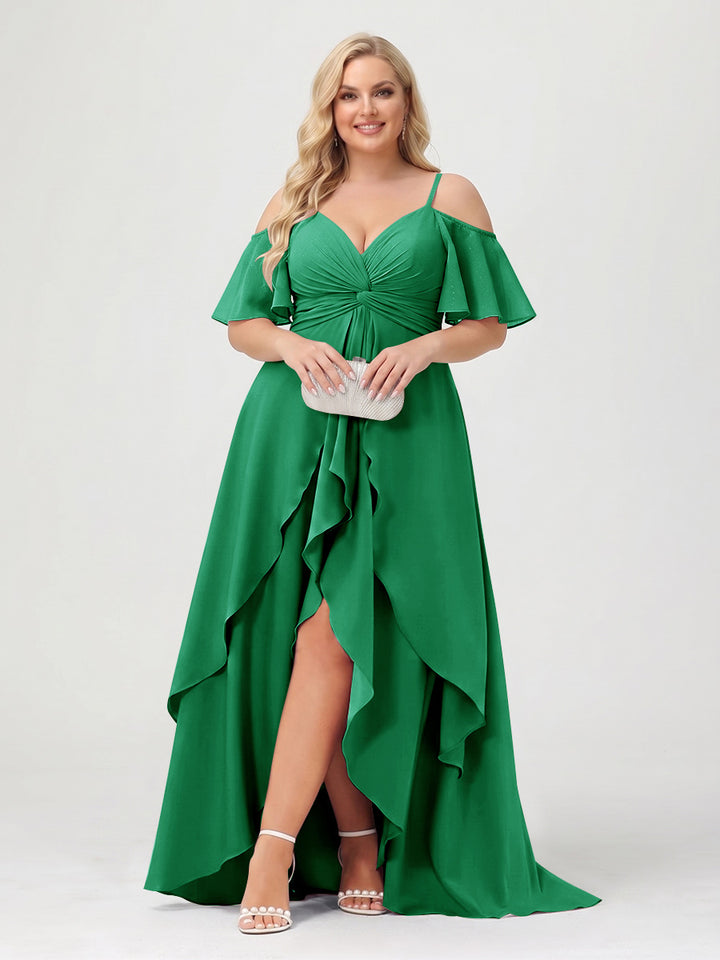 A-Line/Princess Spaghetti Straps Half Sleeves V-Neck Plus Size Bridesmaid Dresses With Ruffles