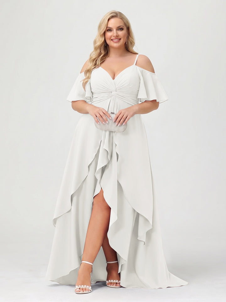 A-Line/Princess Spaghetti Straps Half Sleeves V-Neck Plus Size Bridesmaid Dresses With Ruffles