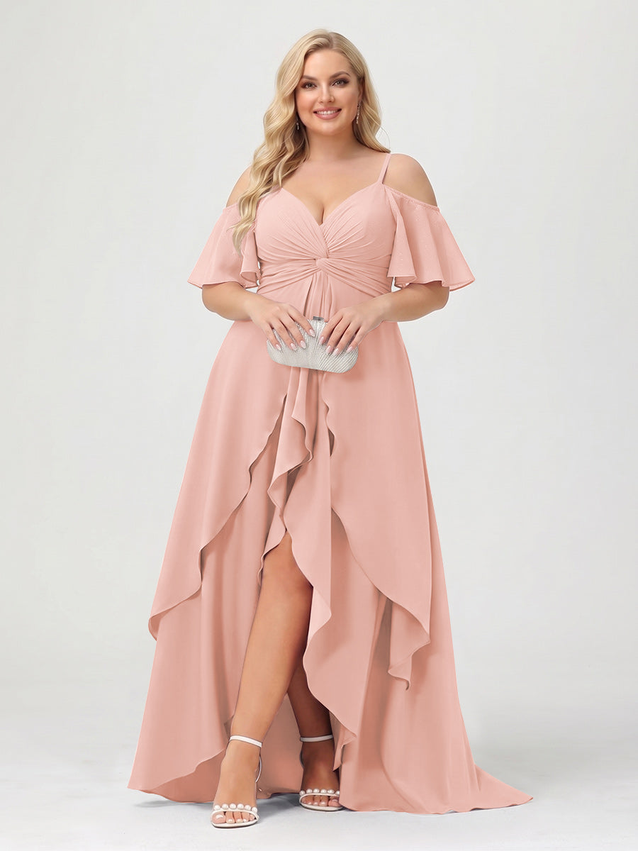 A-Line/Princess Spaghetti Straps Half Sleeves V-Neck Plus Size Bridesmaid Dresses With Ruffles