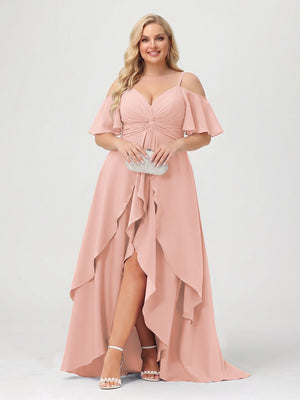 A-Line/Princess Spaghetti Straps Half Sleeves V-Neck Plus Size Bridesmaid Dresses With Ruffles