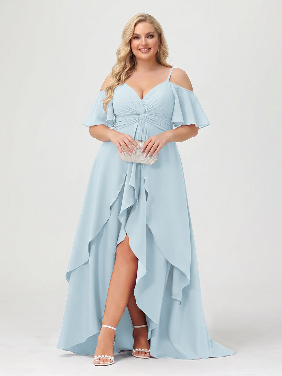 A-Line/Princess Spaghetti Straps Half Sleeves V-Neck Plus Size Bridesmaid Dresses With Ruffles