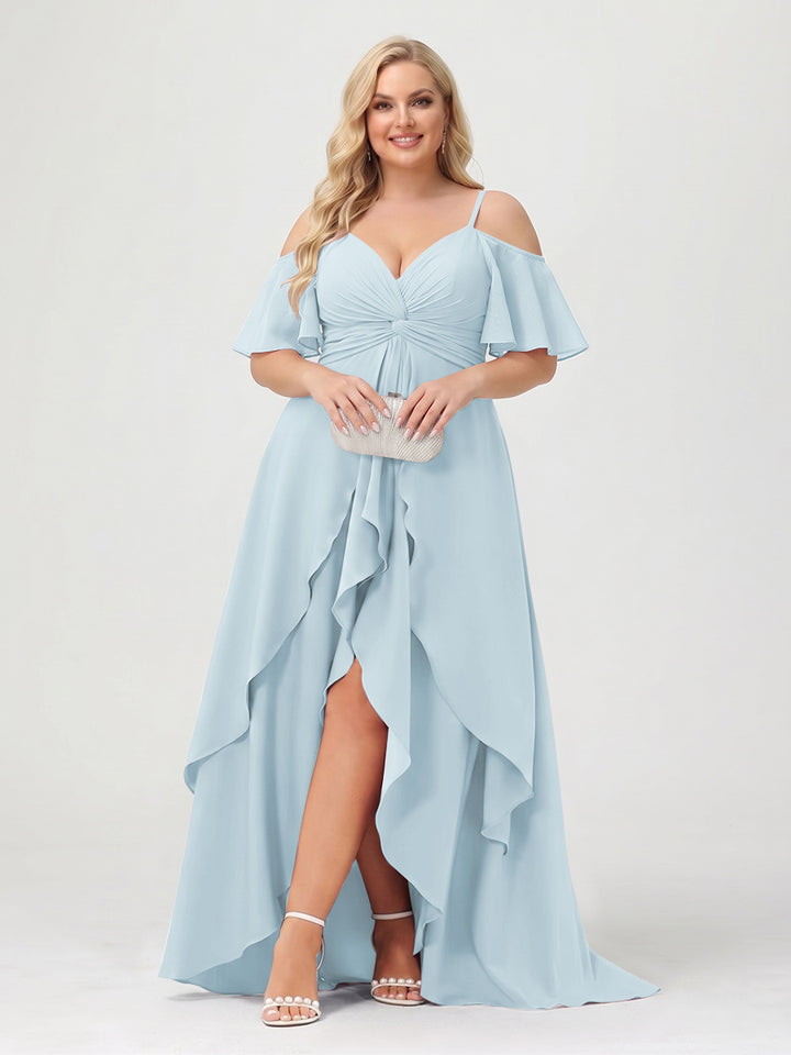 A-Line/Princess Spaghetti Straps Half Sleeves V-Neck Plus Size Bridesmaid Dresses With Ruffles