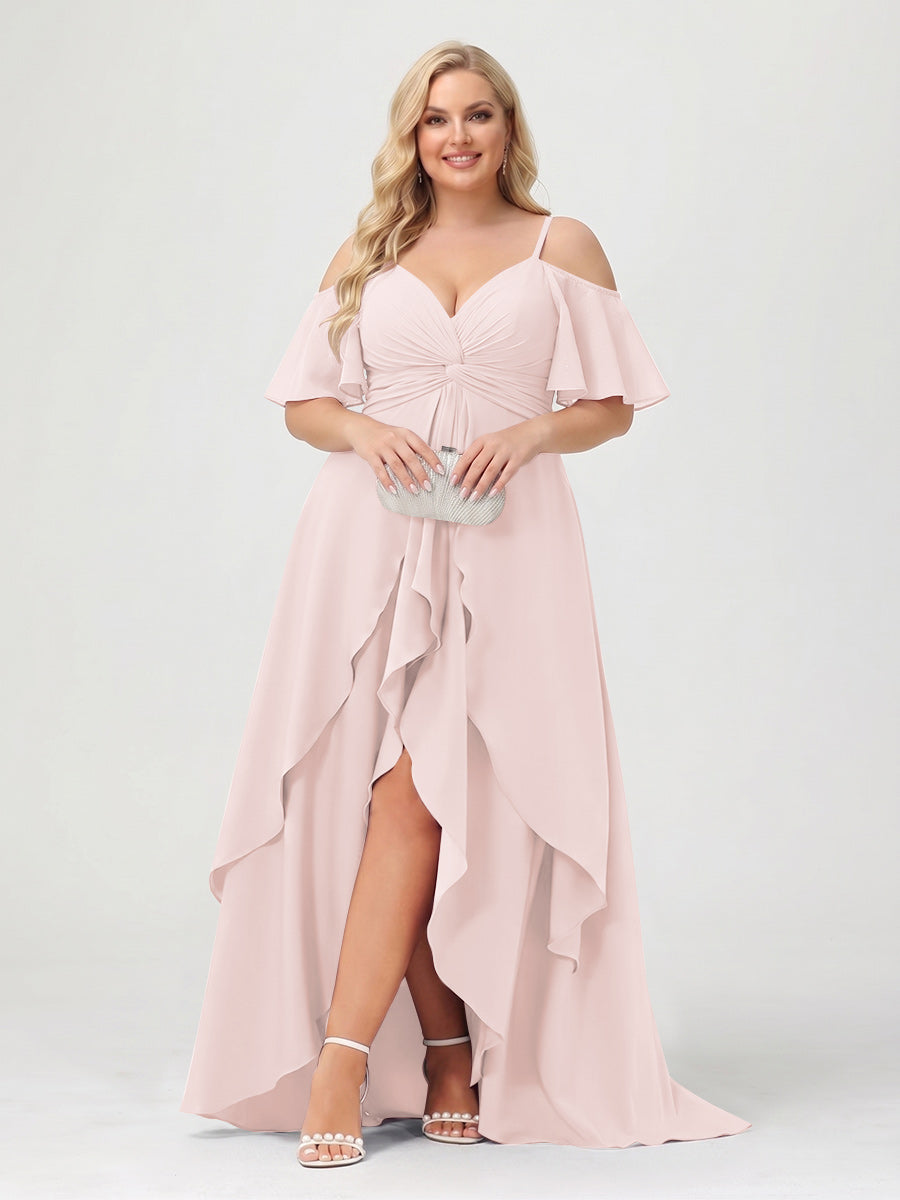 A-Line/Princess Spaghetti Straps Half Sleeves V-Neck Plus Size Bridesmaid Dresses With Ruffles