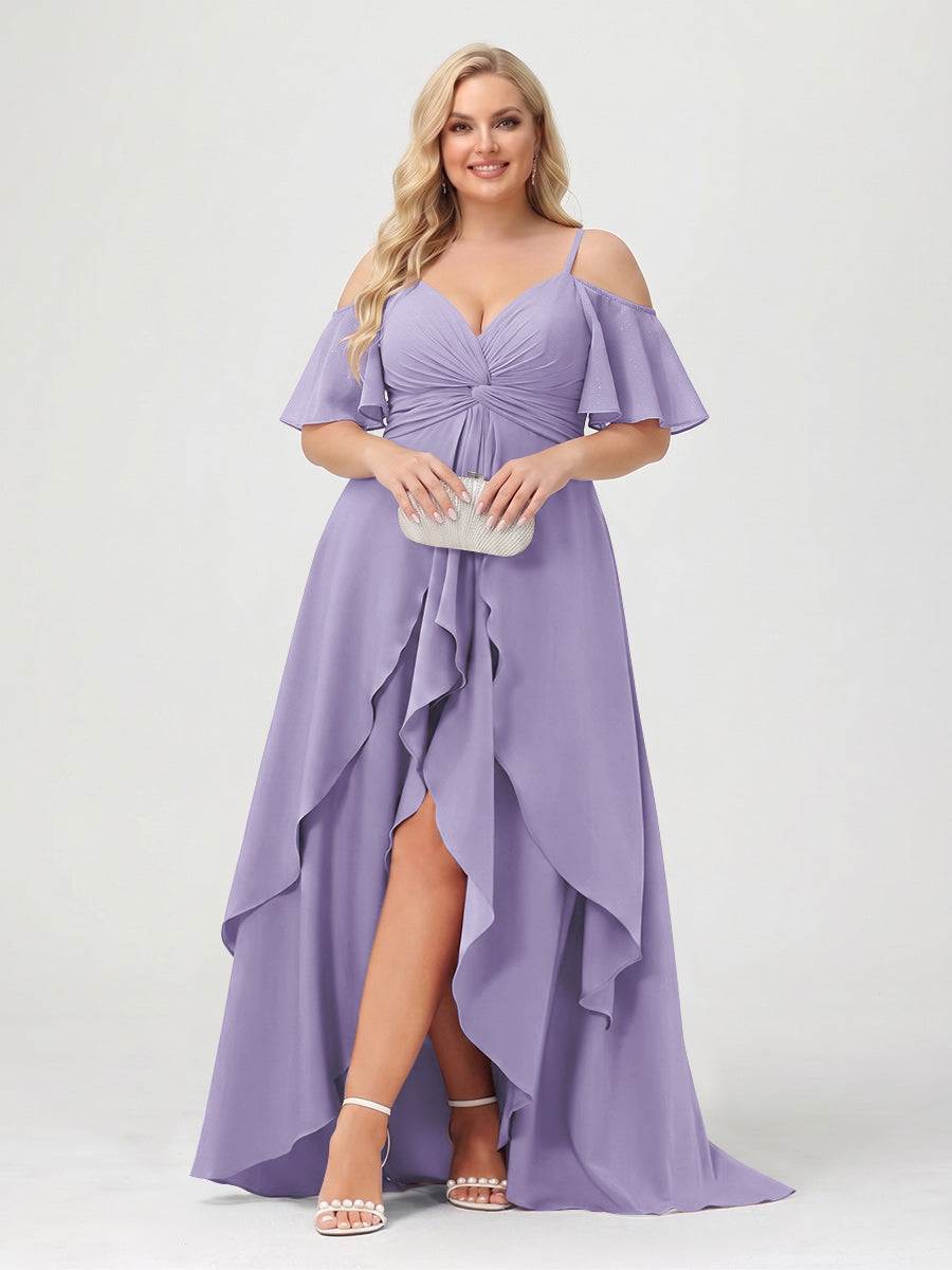 A-Line/Princess Spaghetti Straps Half Sleeves V-Neck Plus Size Bridesmaid Dresses With Ruffles
