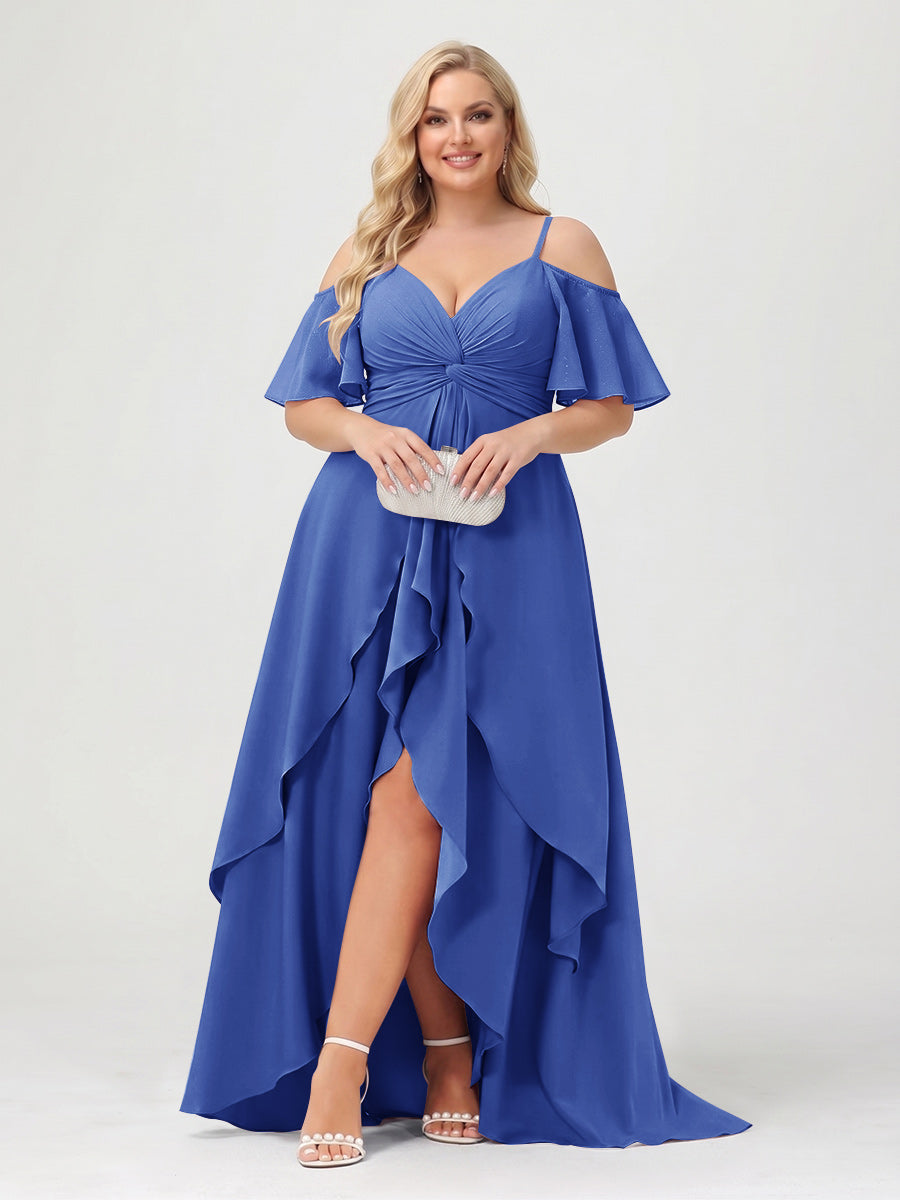 A-Line/Princess Spaghetti Straps Half Sleeves V-Neck Plus Size Bridesmaid Dresses With Ruffles