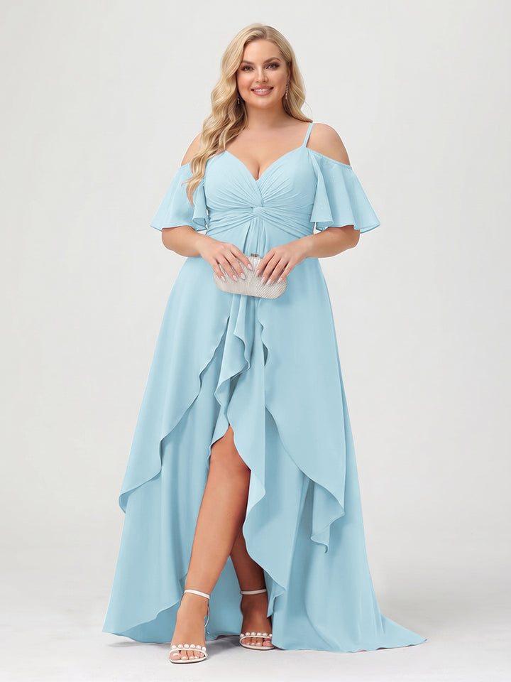 A-Line/Princess Spaghetti Straps Half Sleeves V-Neck Plus Size Bridesmaid Dresses With Ruffles