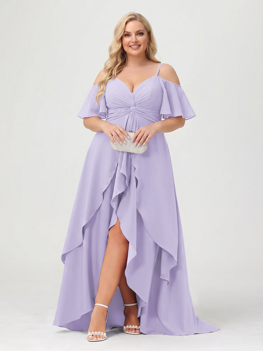 A-Line/Princess Spaghetti Straps Half Sleeves V-Neck Plus Size Bridesmaid Dresses With Ruffles