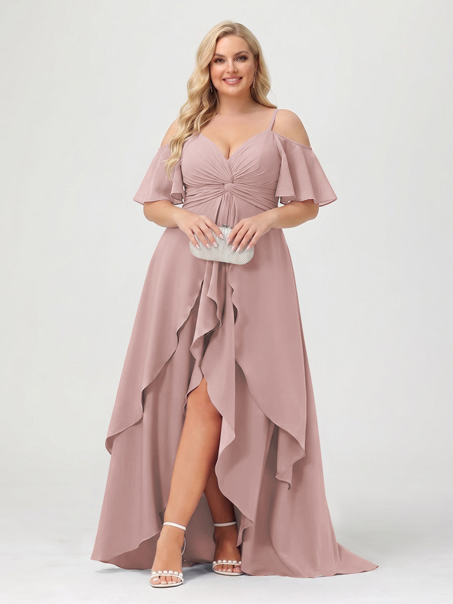 A-Line/Princess Spaghetti Straps Half Sleeves V-Neck Plus Size Bridesmaid Dresses With Ruffles