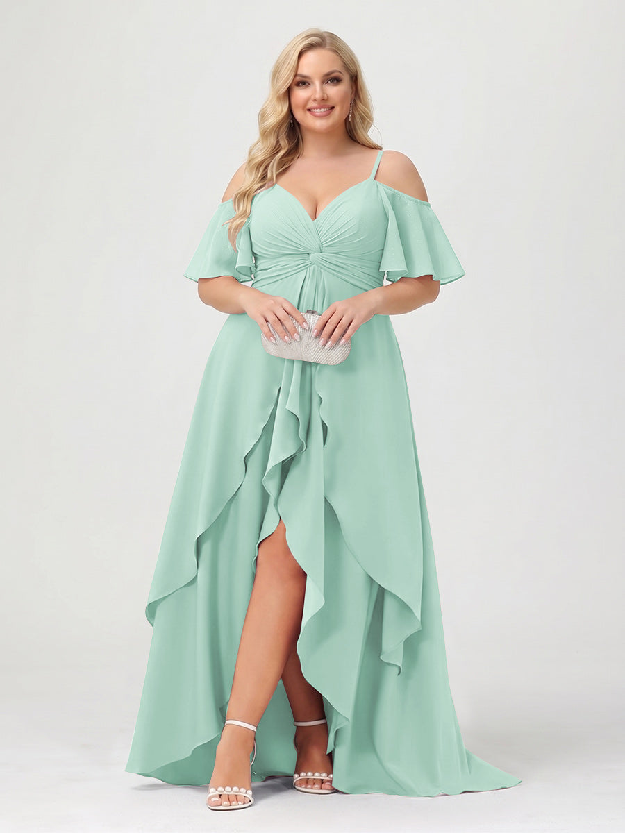 A-Line/Princess Spaghetti Straps Half Sleeves V-Neck Plus Size Bridesmaid Dresses With Ruffles