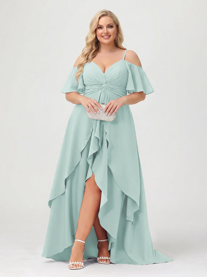 A-Line/Princess Spaghetti Straps Half Sleeves V-Neck Plus Size Bridesmaid Dresses With Ruffles