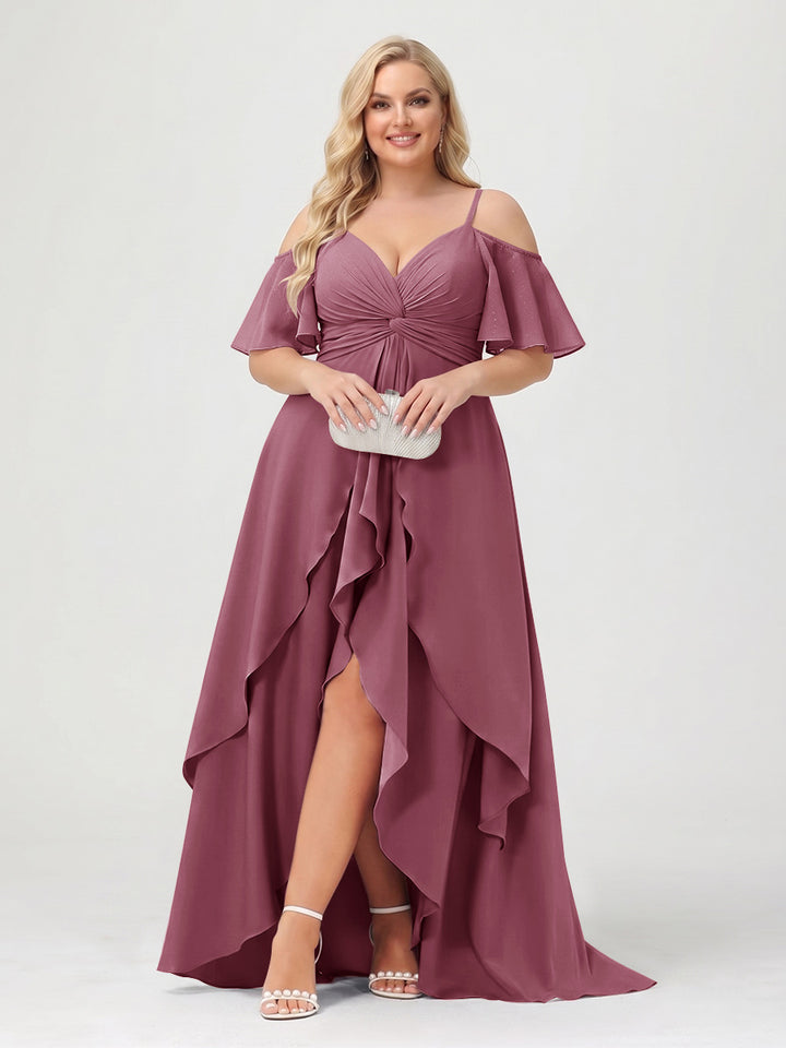 A-Line/Princess Spaghetti Straps Half Sleeves V-Neck Plus Size Bridesmaid Dresses With Ruffles