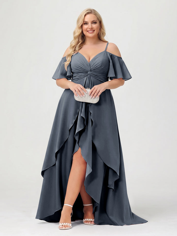A-Line/Princess Spaghetti Straps Half Sleeves V-Neck Plus Size Bridesmaid Dresses With Ruffles