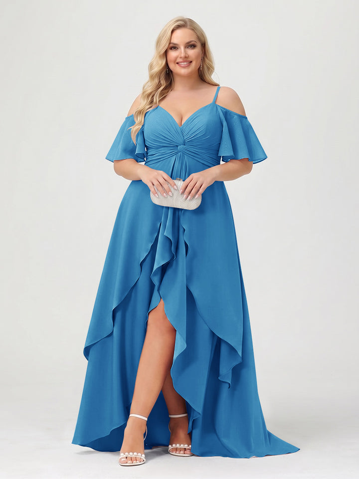 A-Line/Princess Spaghetti Straps Half Sleeves V-Neck Plus Size Bridesmaid Dresses With Ruffles