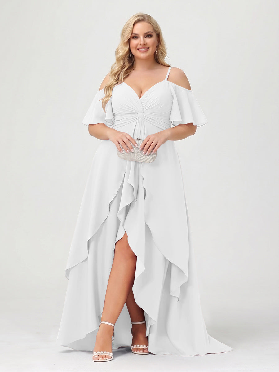 A-Line/Princess Spaghetti Straps Half Sleeves V-Neck Plus Size Bridesmaid Dresses With Ruffles