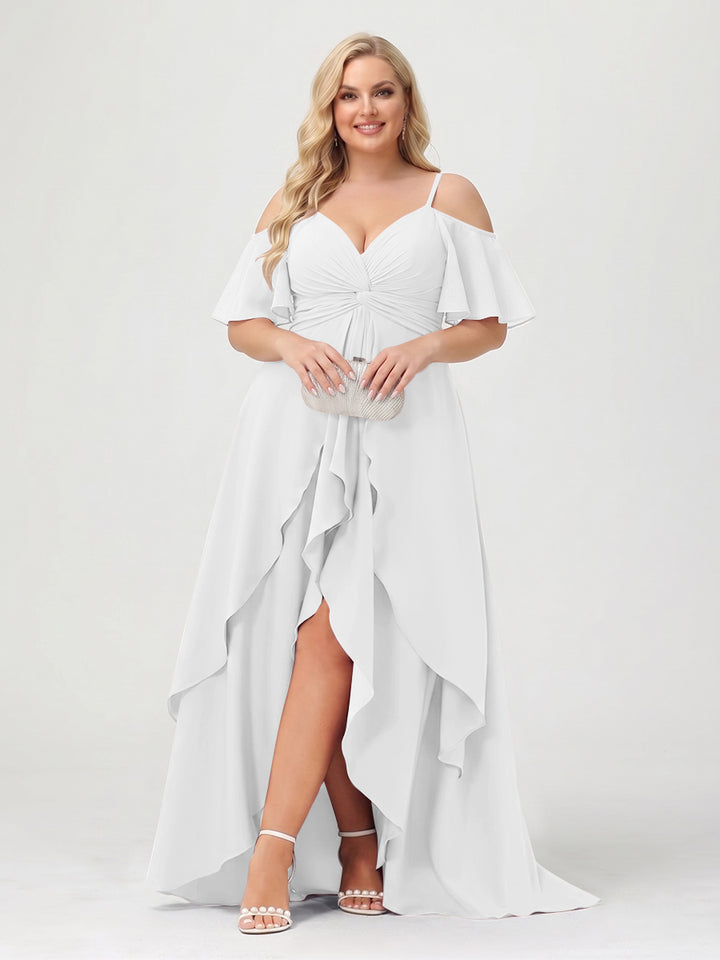 A-Line/Princess Spaghetti Straps Half Sleeves V-Neck Plus Size Bridesmaid Dresses With Ruffles