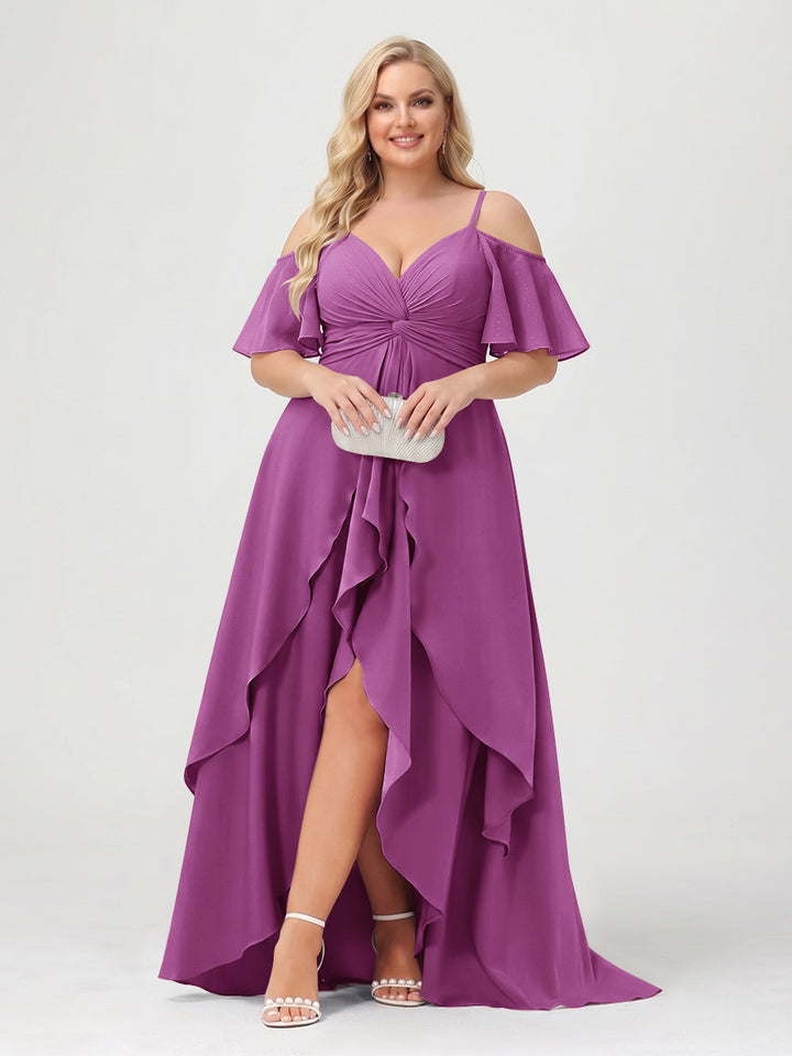 A-Line/Princess Spaghetti Straps Half Sleeves V-Neck Plus Size Bridesmaid Dresses With Ruffles