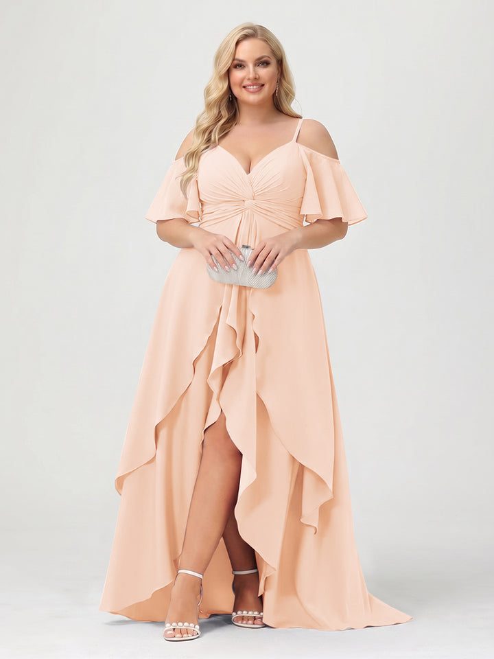 A-Line/Princess Spaghetti Straps Half Sleeves V-Neck Plus Size Bridesmaid Dresses With Ruffles