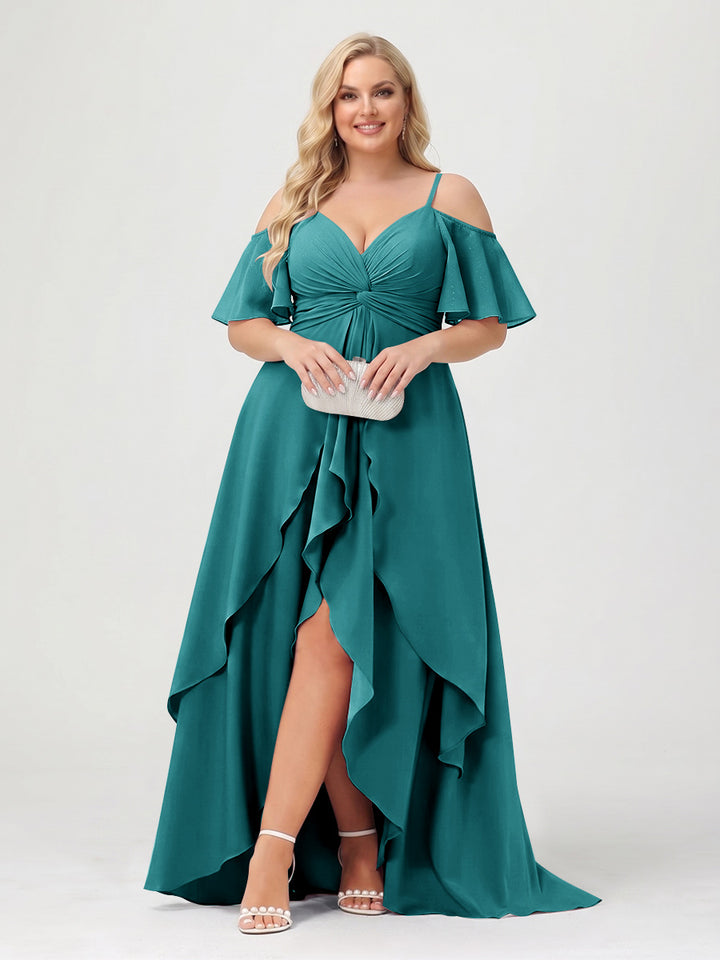 A-Line/Princess Spaghetti Straps Half Sleeves V-Neck Plus Size Bridesmaid Dresses With Ruffles