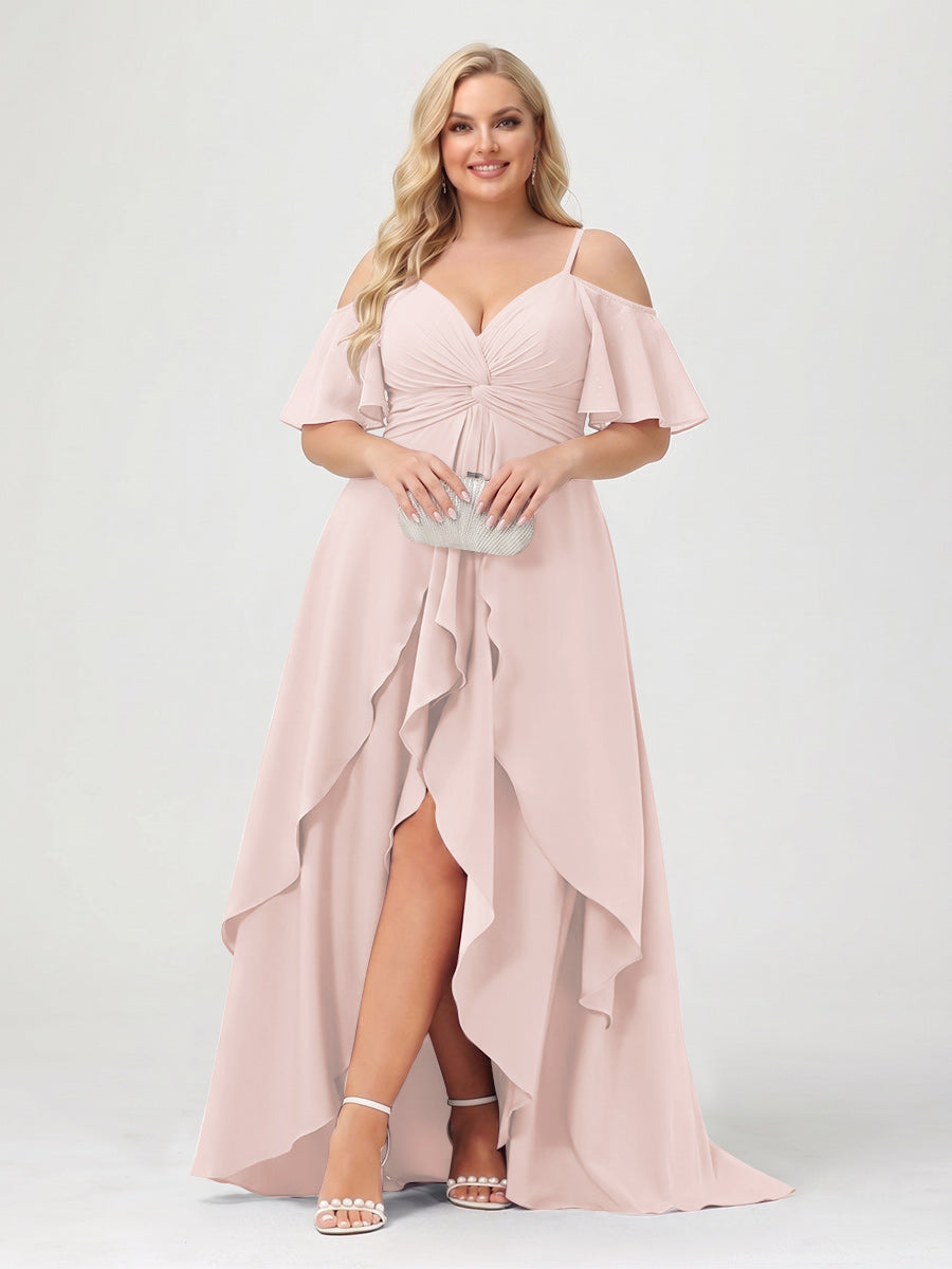 A-Line/Princess Spaghetti Straps Half Sleeves V-Neck Plus Size Bridesmaid Dresses With Ruffles