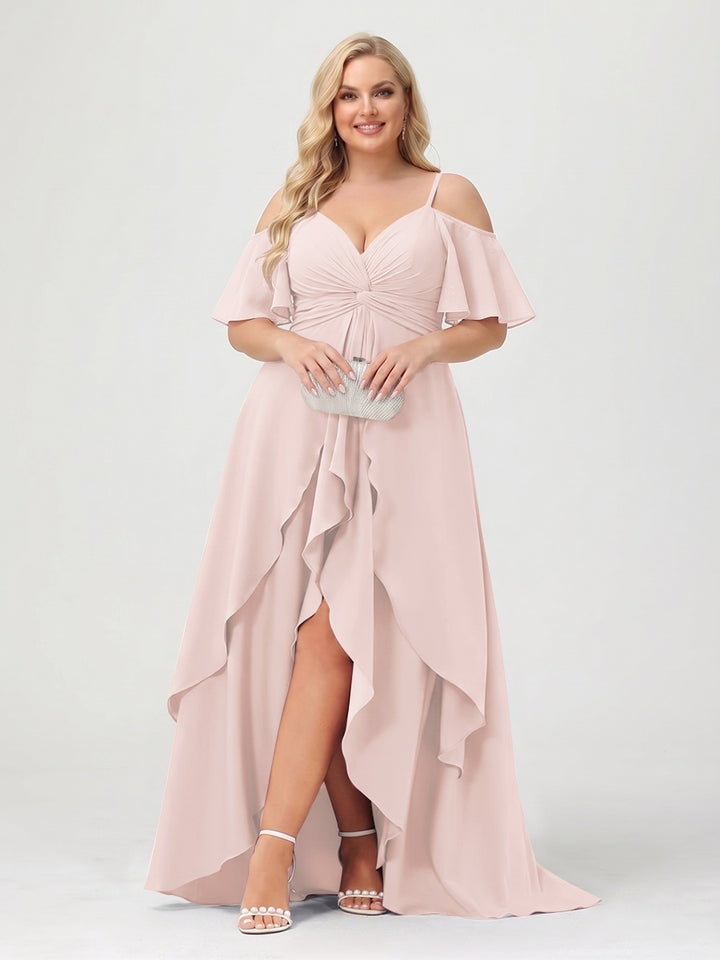 A-Line/Princess Spaghetti Straps Half Sleeves V-Neck Plus Size Bridesmaid Dresses With Ruffles