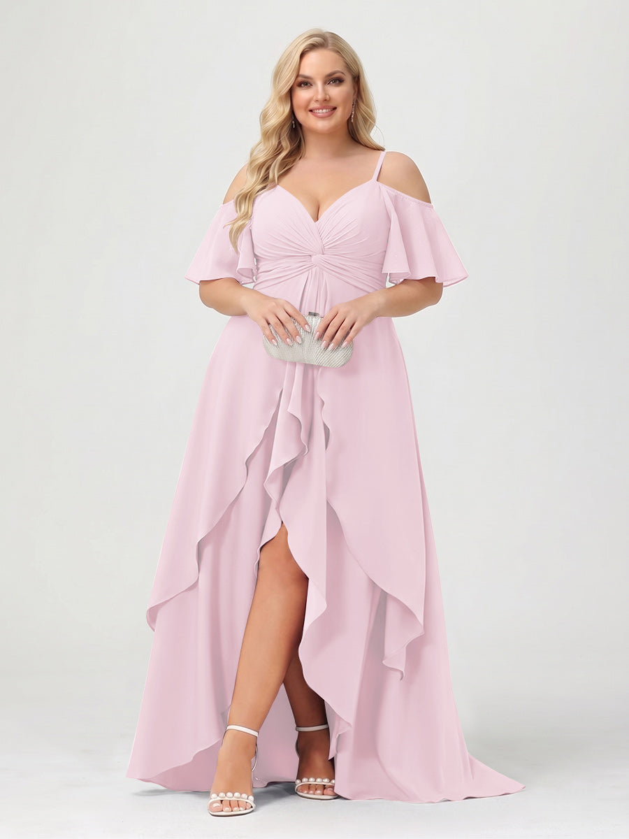 A-Line/Princess Spaghetti Straps Half Sleeves V-Neck Plus Size Bridesmaid Dresses With Ruffles