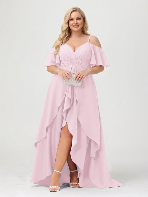 A-Line/Princess Spaghetti Straps Half Sleeves V-Neck Plus Size Bridesmaid Dresses With Ruffles