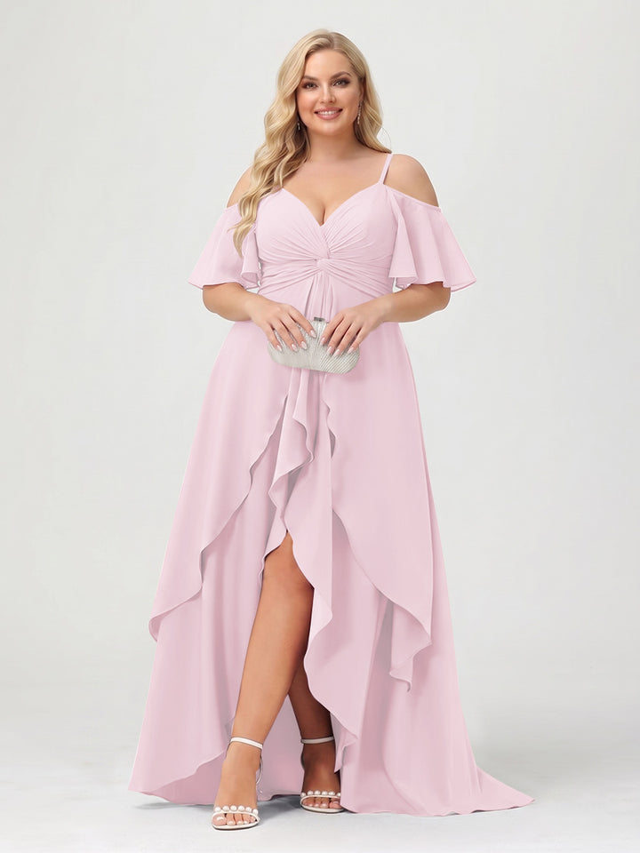 A-Line/Princess Spaghetti Straps Half Sleeves V-Neck Plus Size Bridesmaid Dresses With Ruffles