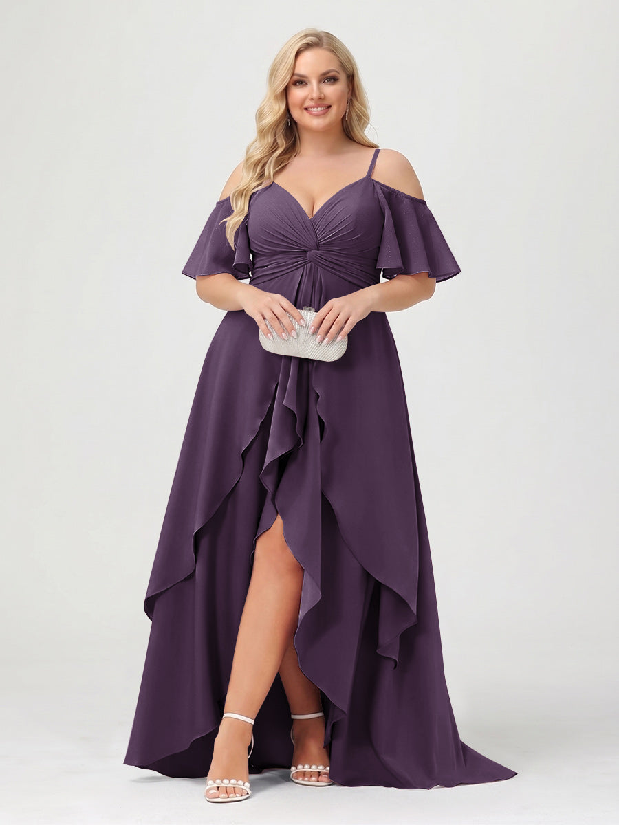 A-Line/Princess Spaghetti Straps Half Sleeves V-Neck Plus Size Bridesmaid Dresses With Ruffles