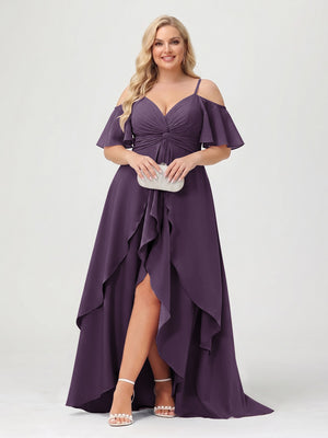 A-Line/Princess Spaghetti Straps Half Sleeves V-Neck Plus Size Bridesmaid Dresses With Ruffles