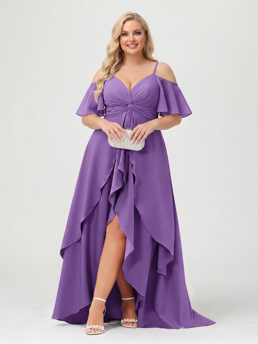 A-Line/Princess Spaghetti Straps Half Sleeves V-Neck Plus Size Bridesmaid Dresses With Ruffles