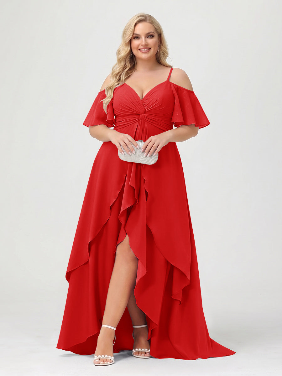 A-Line/Princess Spaghetti Straps Half Sleeves V-Neck Plus Size Bridesmaid Dresses With Ruffles