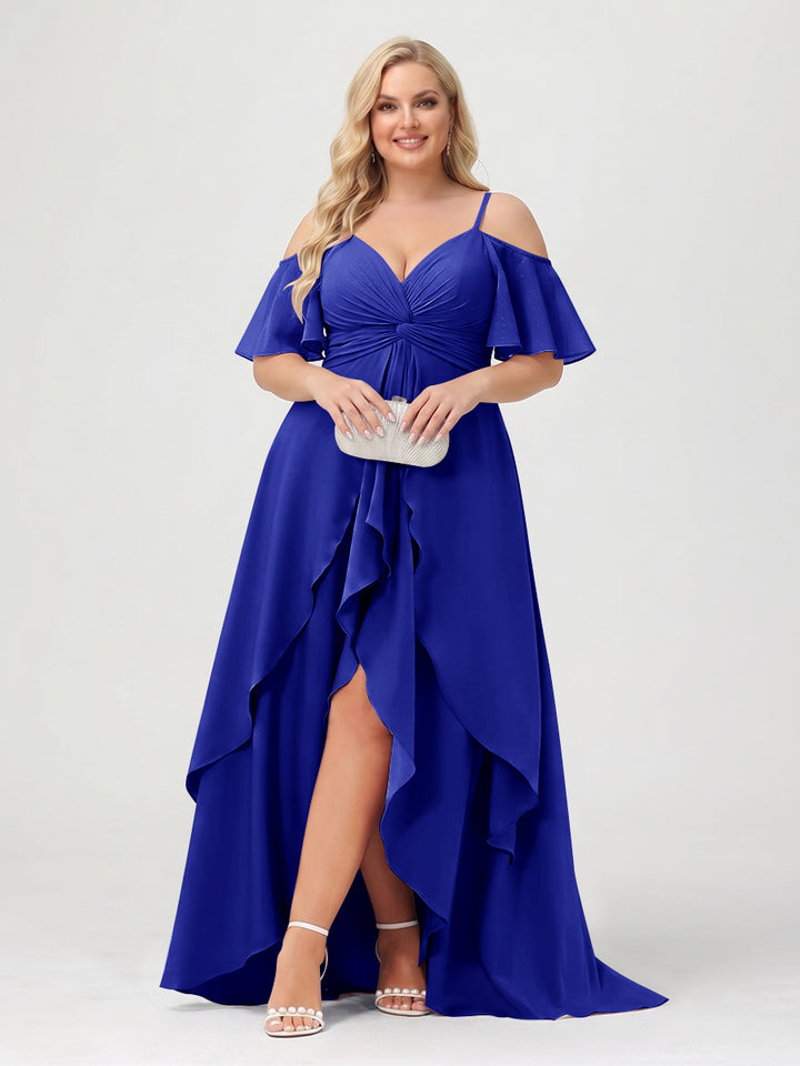 A-Line/Princess Spaghetti Straps Half Sleeves V-Neck Plus Size Bridesmaid Dresses With Ruffles
