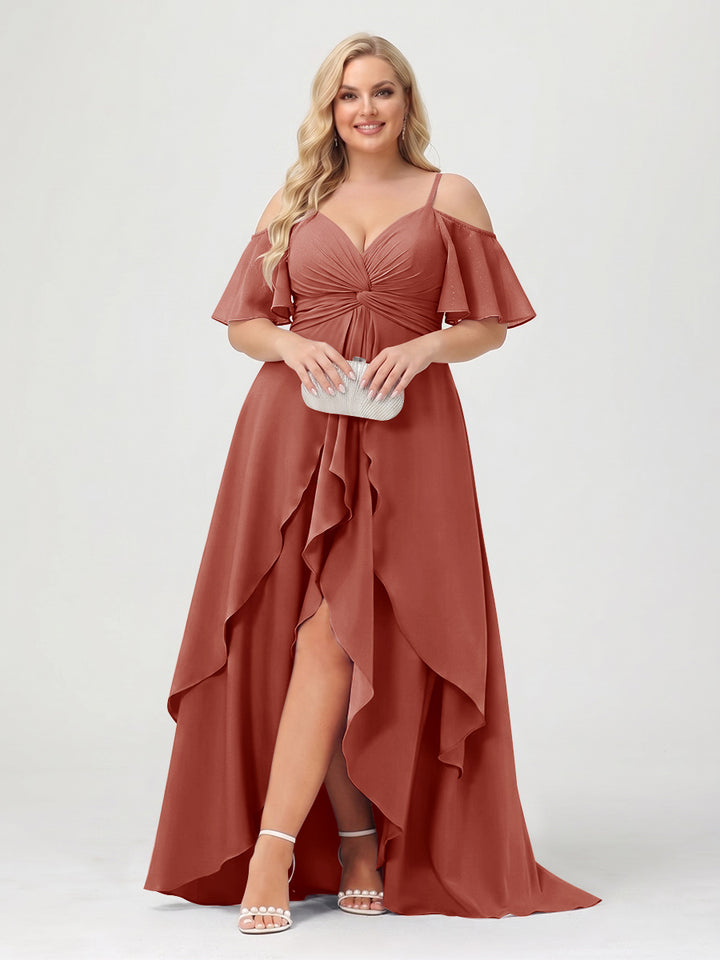 A-Line/Princess Spaghetti Straps Half Sleeves V-Neck Plus Size Bridesmaid Dresses With Ruffles