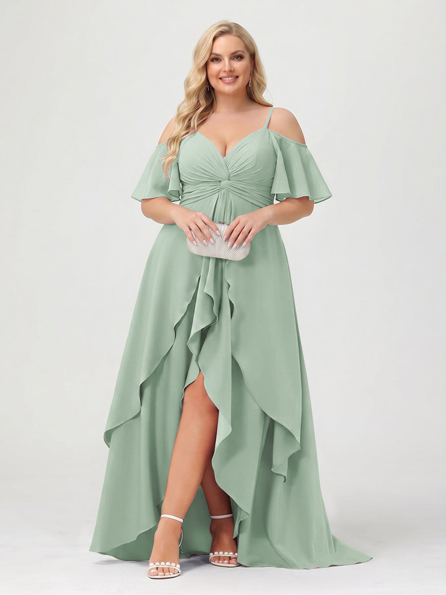 A-Line/Princess Spaghetti Straps Half Sleeves V-Neck Plus Size Bridesmaid Dresses With Ruffles