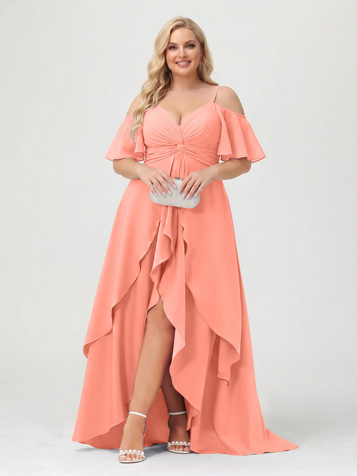 A-Line/Princess Spaghetti Straps Half Sleeves V-Neck Plus Size Bridesmaid Dresses With Ruffles