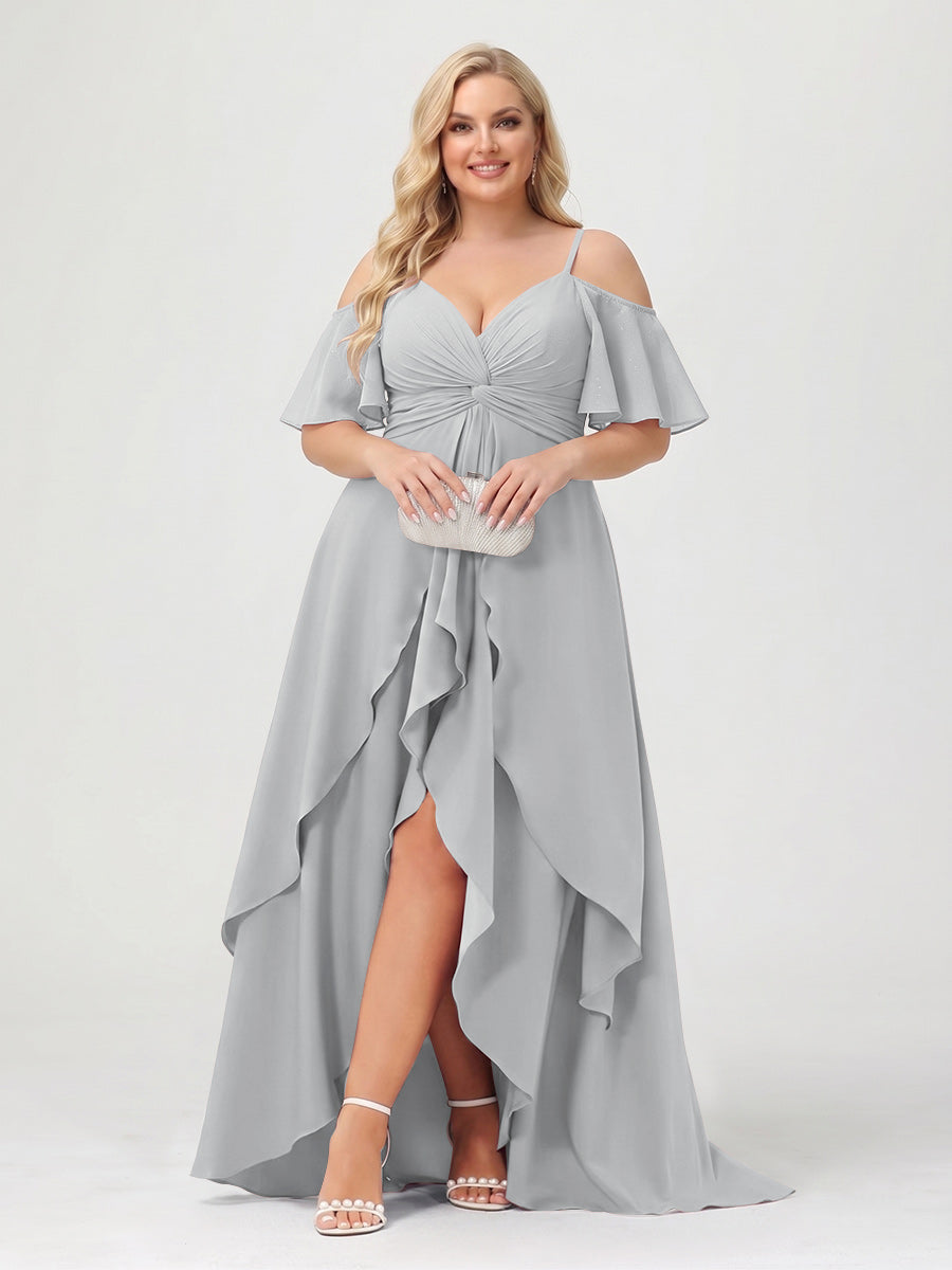 A-Line/Princess Spaghetti Straps Half Sleeves V-Neck Plus Size Bridesmaid Dresses With Ruffles