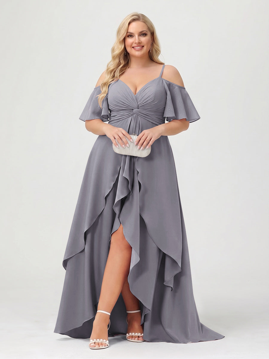 A-Line/Princess Spaghetti Straps Half Sleeves V-Neck Plus Size Bridesmaid Dresses With Ruffles