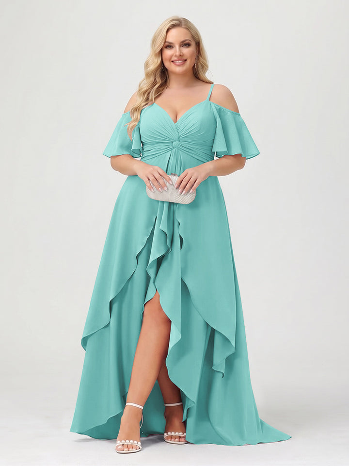 A-Line/Princess Spaghetti Straps Half Sleeves V-Neck Plus Size Bridesmaid Dresses With Ruffles