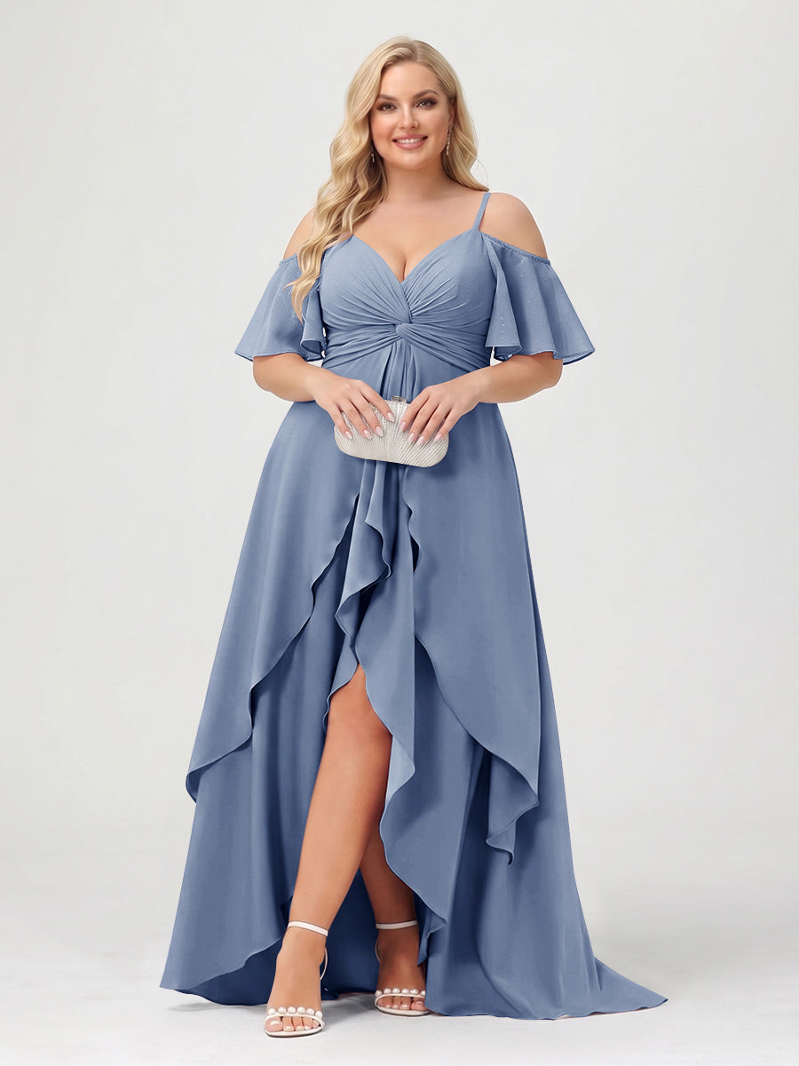 A-Line/Princess Spaghetti Straps Half Sleeves V-Neck Plus Size Bridesmaid Dresses With Ruffles