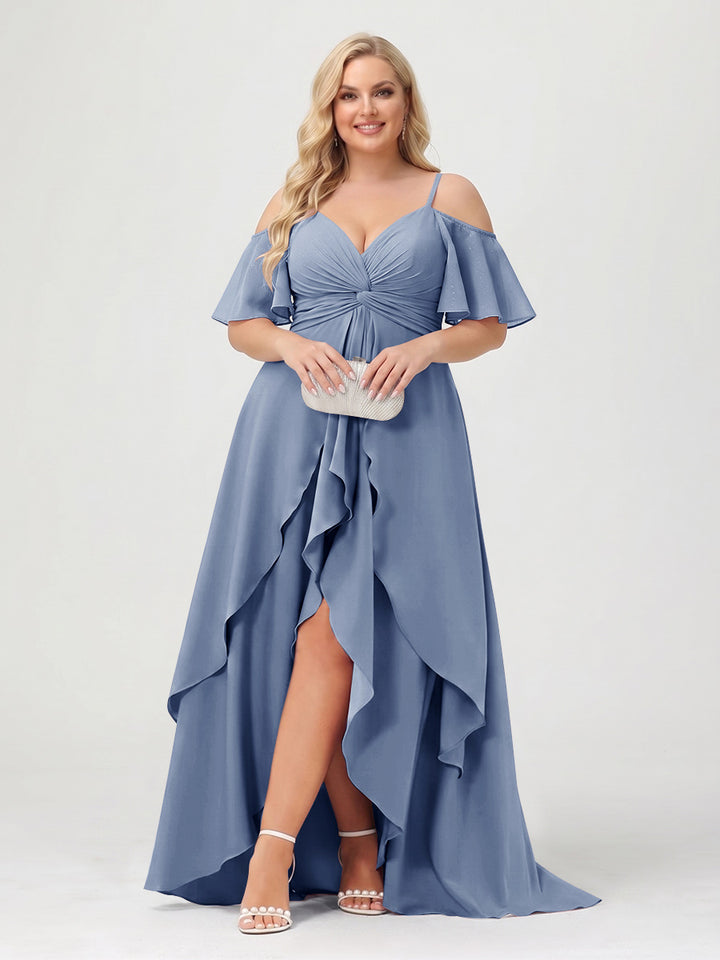 A-Line/Princess Spaghetti Straps Half Sleeves V-Neck Plus Size Bridesmaid Dresses With Ruffles