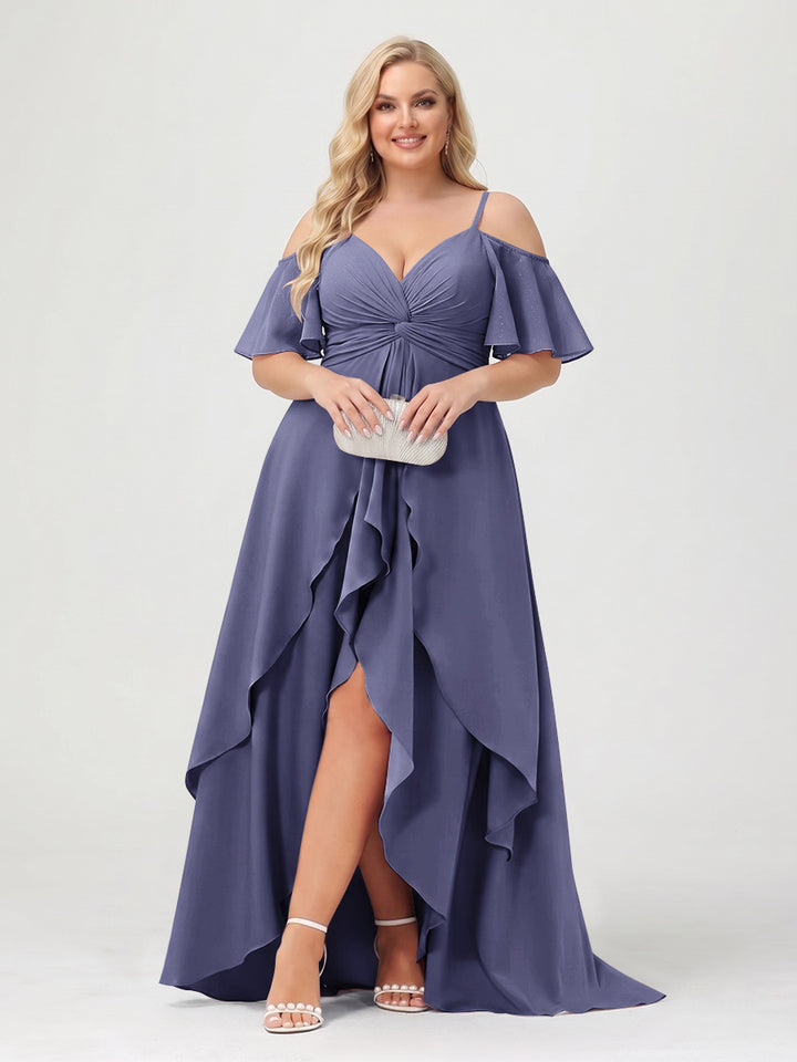 A-Line/Princess Spaghetti Straps Half Sleeves V-Neck Plus Size Bridesmaid Dresses With Ruffles