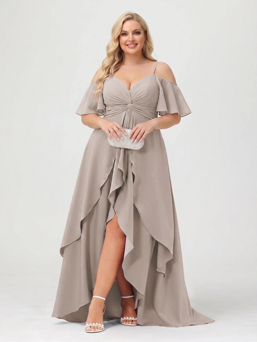 A-Line/Princess Spaghetti Straps Half Sleeves V-Neck Plus Size Bridesmaid Dresses With Ruffles