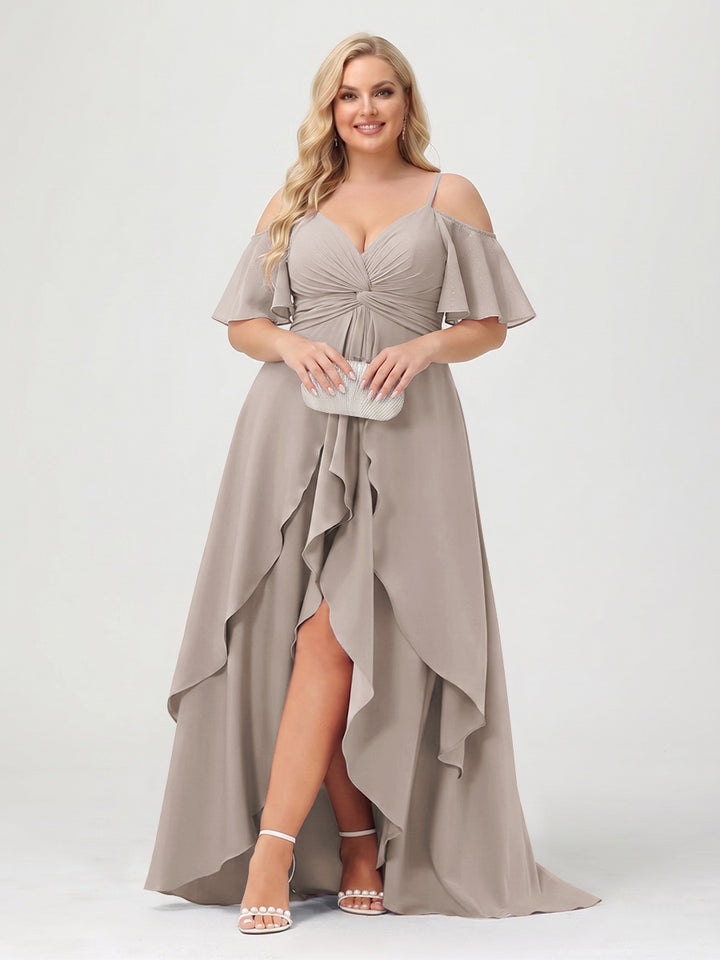 A-Line/Princess Spaghetti Straps Half Sleeves V-Neck Plus Size Bridesmaid Dresses With Ruffles