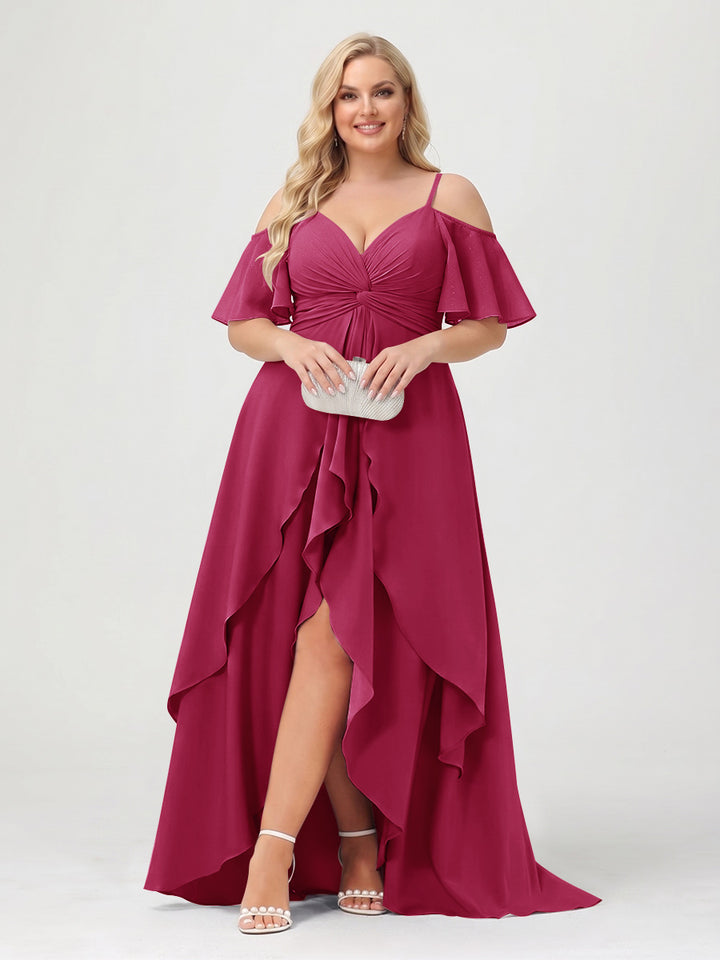 A-Line/Princess Spaghetti Straps Half Sleeves V-Neck Plus Size Bridesmaid Dresses With Ruffles