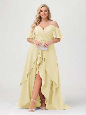 A-Line/Princess Spaghetti Straps Half Sleeves V-Neck Plus Size Bridesmaid Dresses With Ruffles