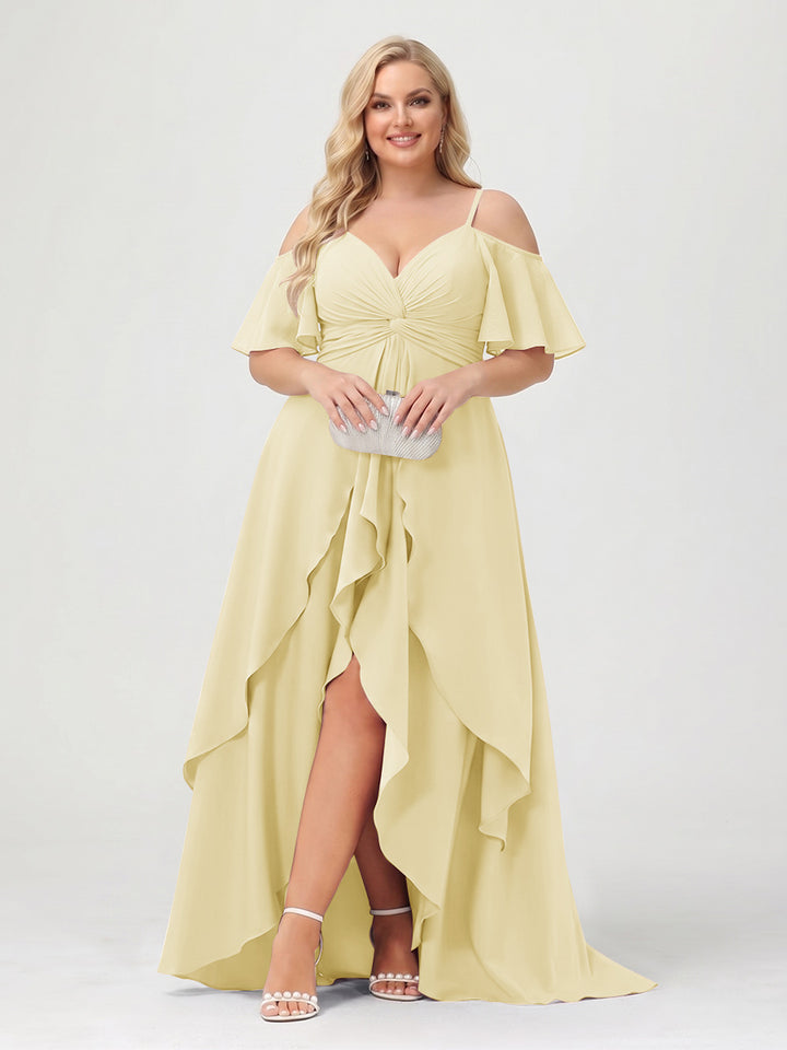 A-Line/Princess Spaghetti Straps Half Sleeves V-Neck Plus Size Bridesmaid Dresses With Ruffles