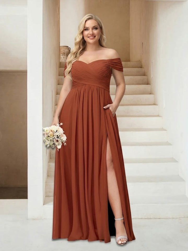 A-Line/Princess Off-the-Shoulder Sleeveless Chiffon Plus Size Bridesmaid Dresses with Pockets