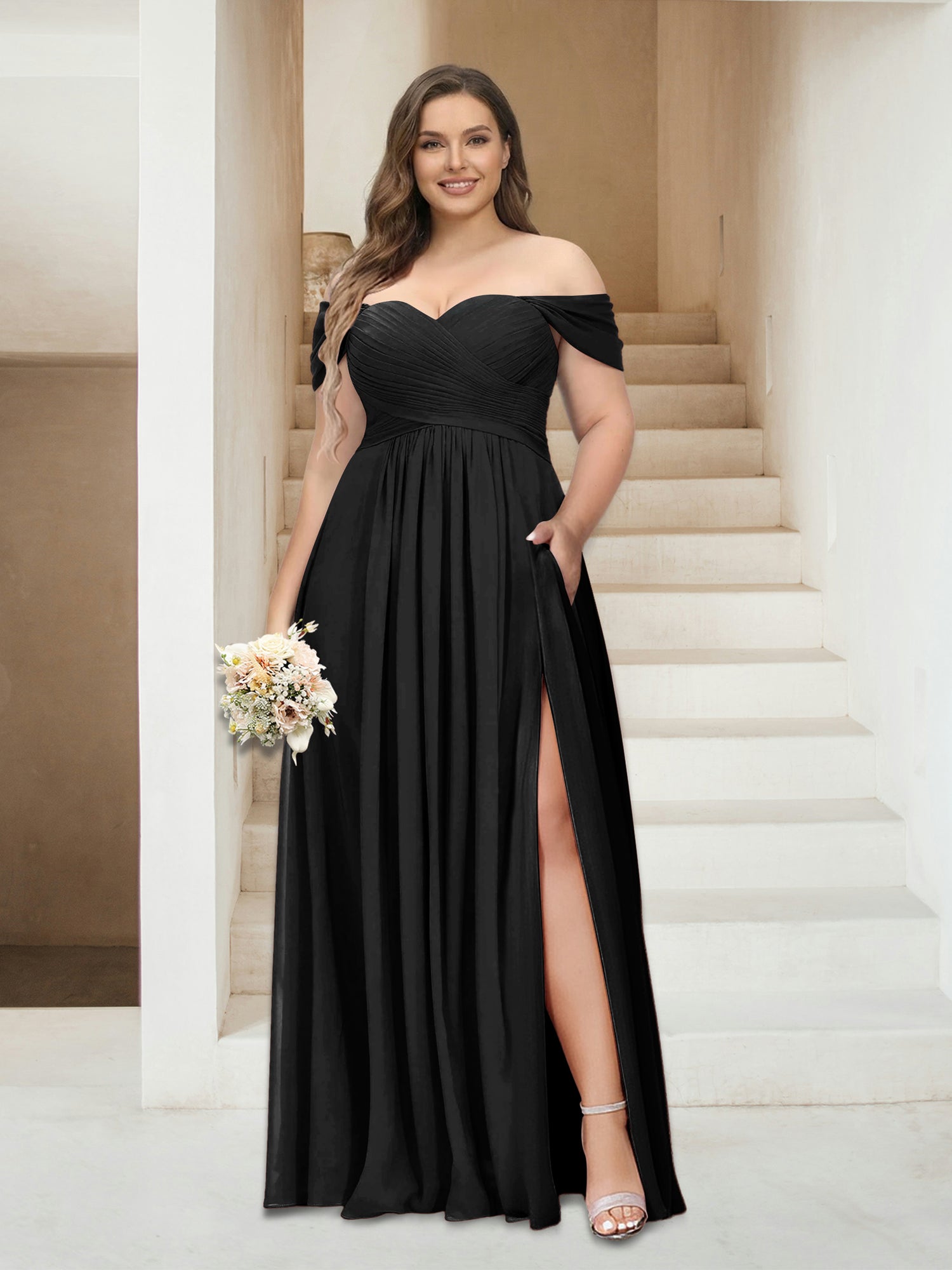 Lavetir Silver Gray A-Line/Princess Off-the-Shoulder Sleeveless Chiffon Plus Size Bridesmaid Dresses with Pockets 2026